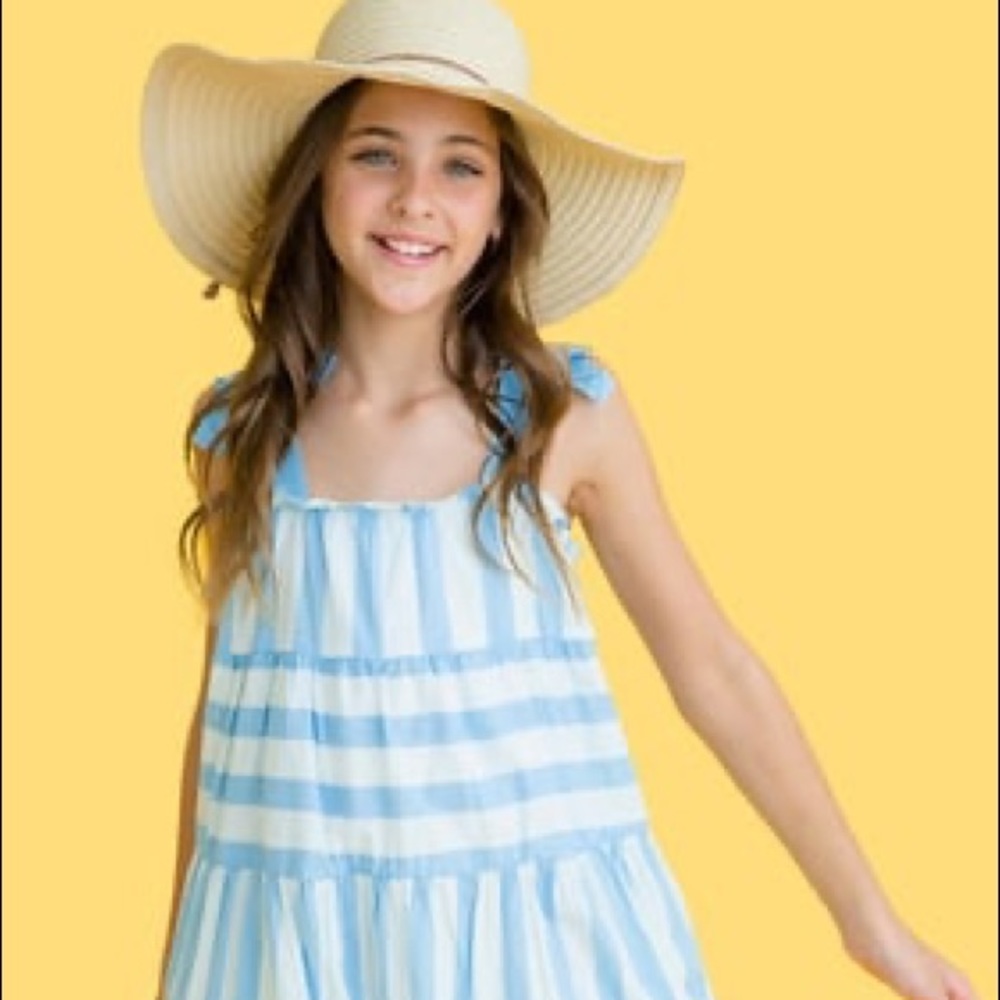 Fabkids Tiered Tie Strap Dress - Blue and White Striped- Girls Size 8- Medium